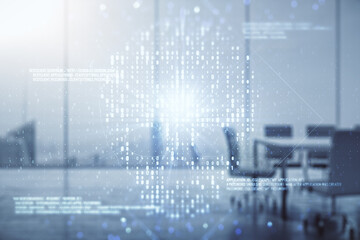 Double exposure of abstract virtual creative code skull hologram on a modern meeting room background. Malware and cyber crime concept