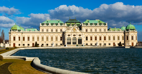 Majestic baroque architecture of Belvedere palace near great water basin in upper parterre of...