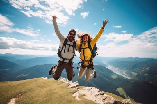 Hikers with backpack jumping with arms up on top of the mountain, Happy, Traveling in vacation.