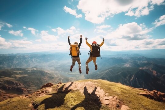 Hikers with backpack jumping with arms up on top of the mountain, Happy, Traveling in vacation.