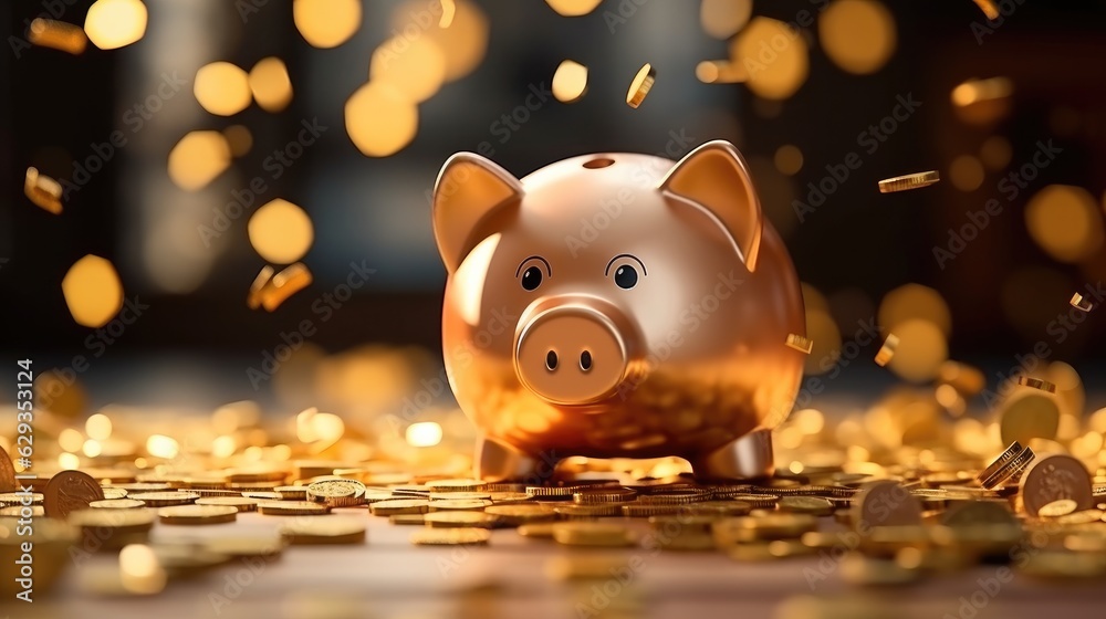 Poster piggy bank and stack of coins, planning for saving in the future concept.
