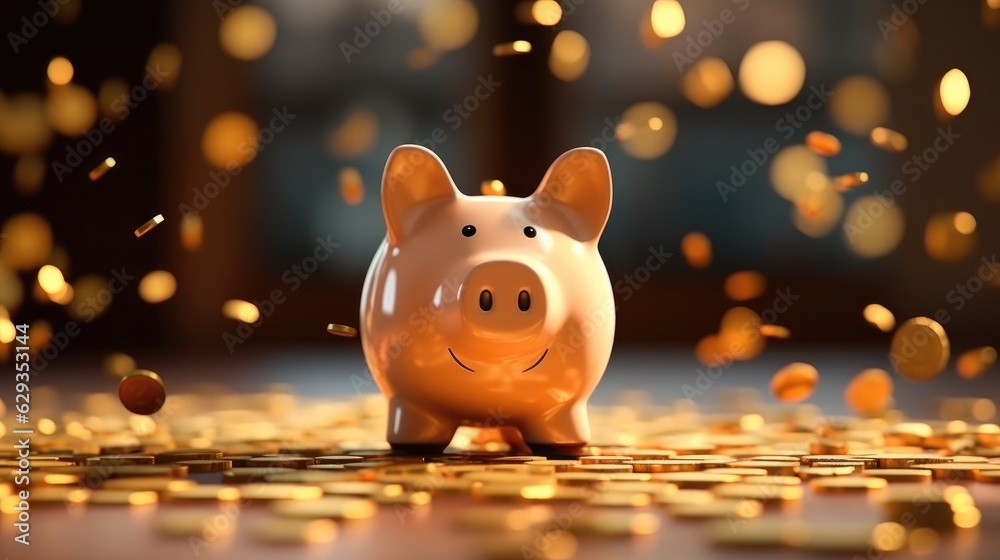 Poster Piggy Bank and Stack of Coins, Planning for saving in the future concept.