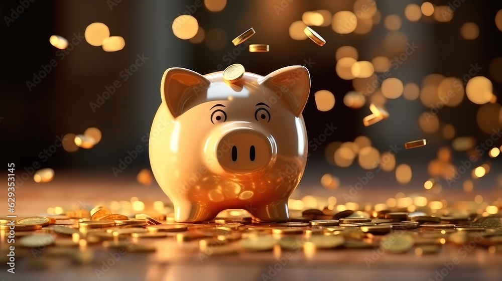Poster Piggy Bank and Stack of Coins, Planning for saving in the future concept.