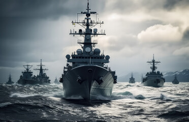 A line ahead of modern military naval battleships warships in the row, Military at sea.