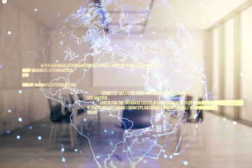 Double exposure of abstract programming language hologram and world map on a modern meeting room background, research and development concept