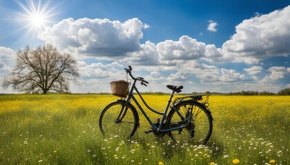 Fototapeta premium Bicycle on a flowering meadow against a blue sky on a sunny day