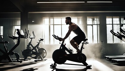 Muscular man cycling on stationary bike in gym