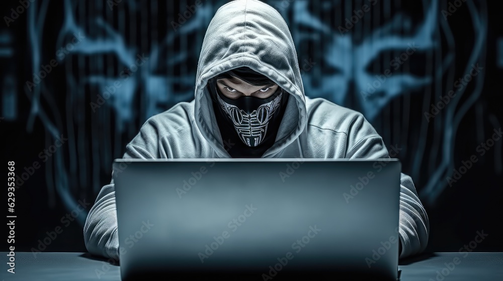 Aufkleber Hacker, Cyber Kriminalitat, Spammer thief taking lurking on computer.