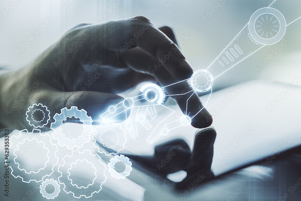 Aufkleber double exposure of robotics technology hologram and finger clicks on a digital tablet on background.