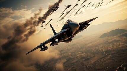 Bomber plane with contrails on combat zone, Active war zone in the sky.