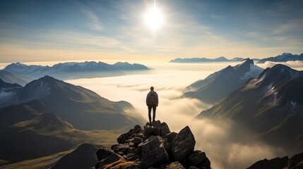 Fototapeta premium Hiker at the summit of a mountain overlooking a stunning view, The concept of travel and freedom.