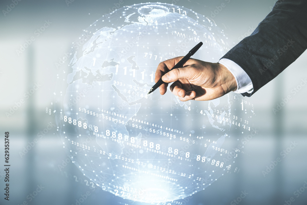 Poster double exposure of man hand with pen working with abstract creative programming illustration and wor