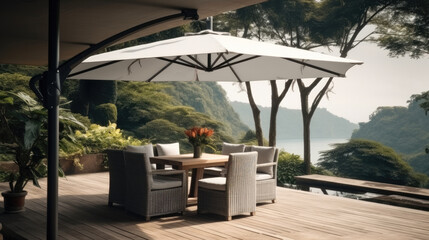 Luxury hotel balcony and chairs with ocean shoreline landscape view, Beautiful outdoor views.