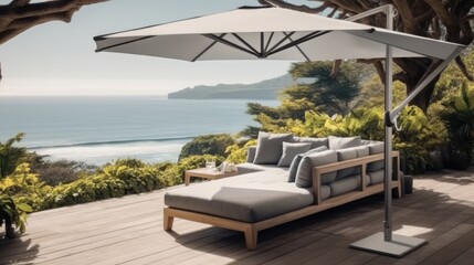 Fototapeta premium Luxury hotel balcony and chairs with ocean shoreline landscape view, Beautiful outdoor views.