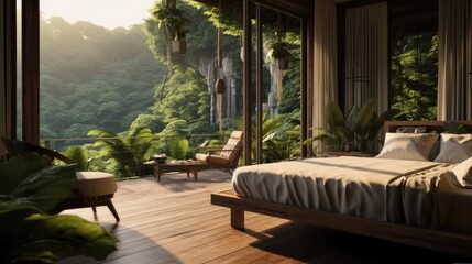 Fototapeta na wymiar Beautiful hotel room in wild jungle forest environment, Travel vacation.