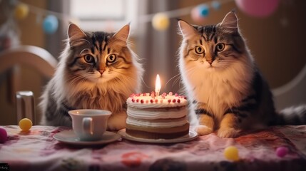 Cat with a birthday cake and candles, Pet party.