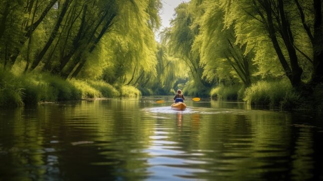 Man are paddling a kayak on forest river.