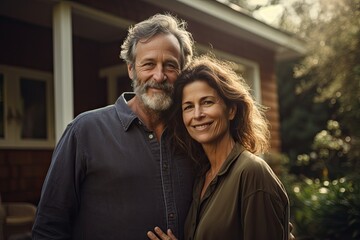 Obraz premium Portrait of middle class mature american couple in US suburbs home yard