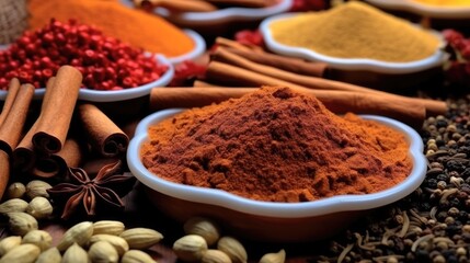 Set of spices, Various peppers, cardamom, carnation, turmeric, paprika and saffron for cooking.