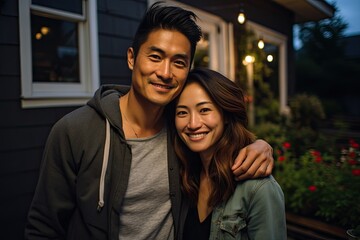Portrait of middle class young asian couple in US suburbs home yard