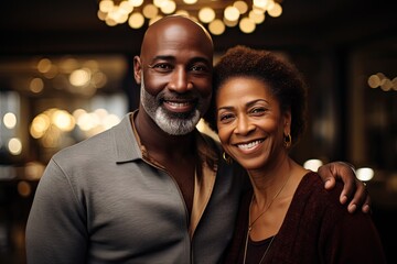 Portrait of wealthy mature black couple in luxury home