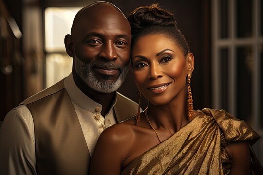 Portrait of wealthy mature black couple in luxury home