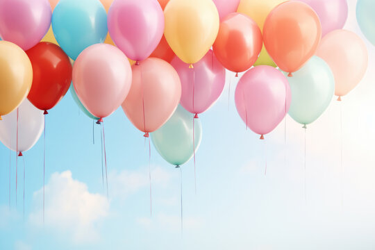 Collection of brightly colored balloons, suspended against a peaceful blue background