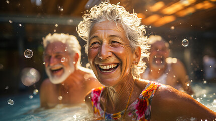 Obraz na płótnie Canvas elderly couple doing water aerobics together