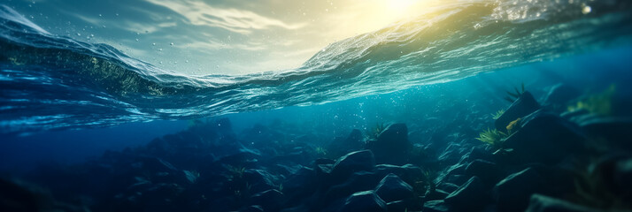 Long banner with underwater world and blue sky. Transparent deep water of the ocean or sea
