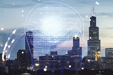 Double exposure of creative artificial Intelligence hologram on Chicago city skyscrapers background. Neural networks and machine learning concept