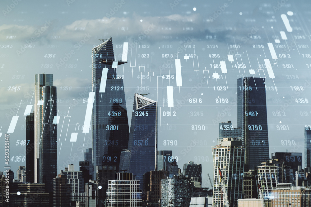 Poster Double exposure of abstract creative statistics data hologram on New York city office buildings background, analytics and forecasting concept
