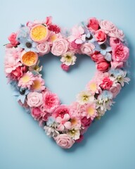 Heart made of flowers on light blue background. Minimal concept of love, romance and Valentine's Day celebration
