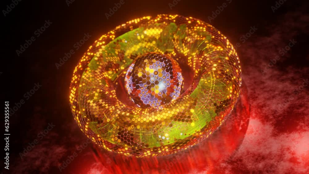 Poster loop 3d animation. abstract geometric figure of a set of hexagons. a torus of metal segments and a s