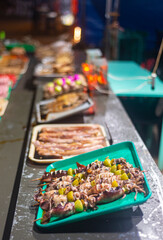 Closeup of skewered kebab snacks,ready for cooking,Dumaguete,Negros Island,Philippines.