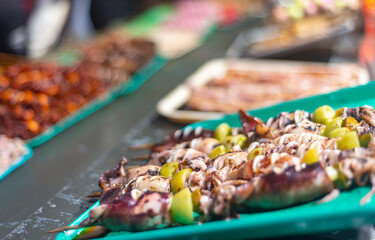 Closeup of skewered kebab snacks,ready for cooking,Dumaguete,Negros Island,Philippines.