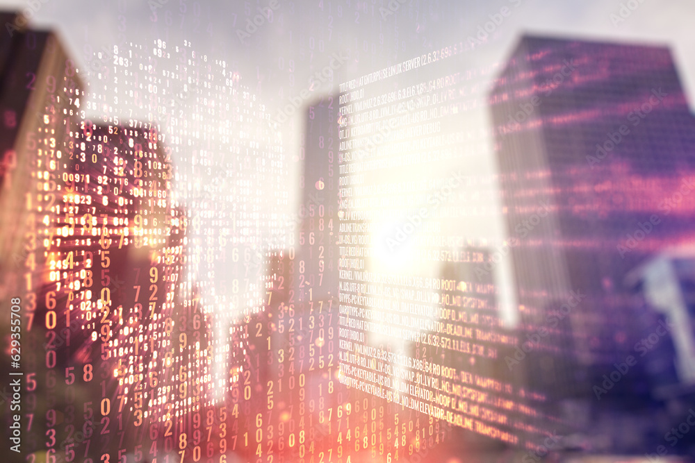 Poster abstract virtual code skull illustration on office buildings background. hacking and phishing concep