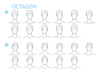 Set of Octagon frame glasses fashion accessory illustration. Sunglass front view for Men, women, unisex silhouette style, flat rim spectacles eyeglasses with lens sketch style outline isolated