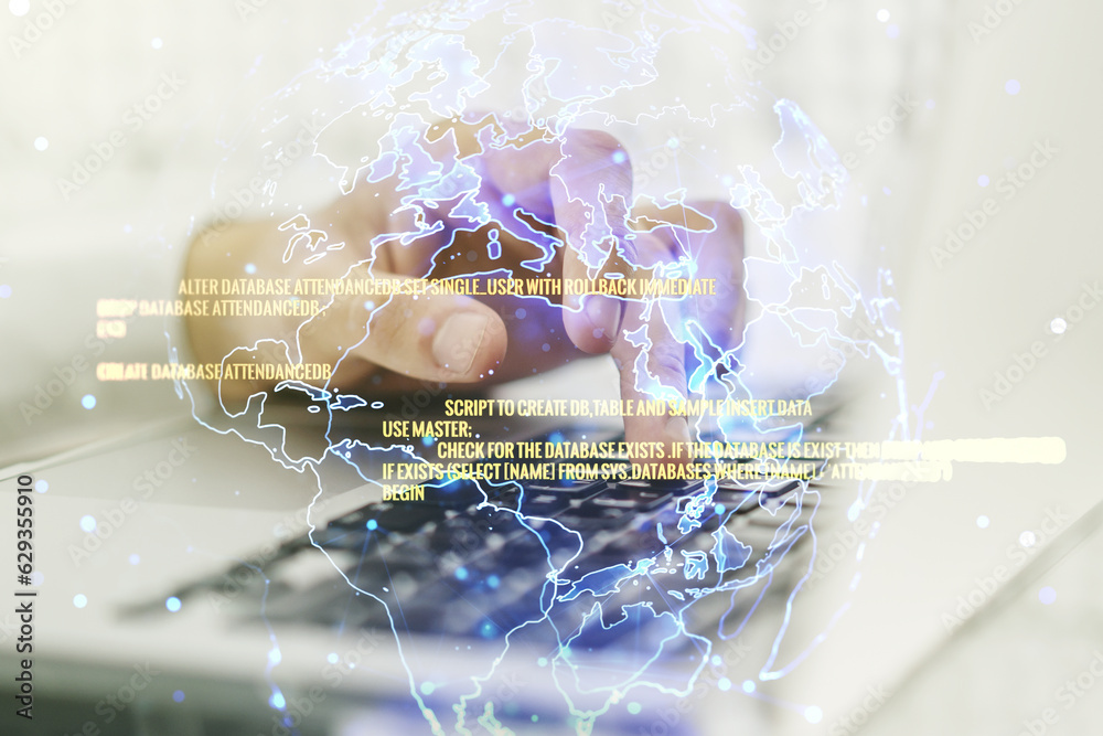 Poster double exposure of abstract programming language hologram with world map and hands typing on laptop 