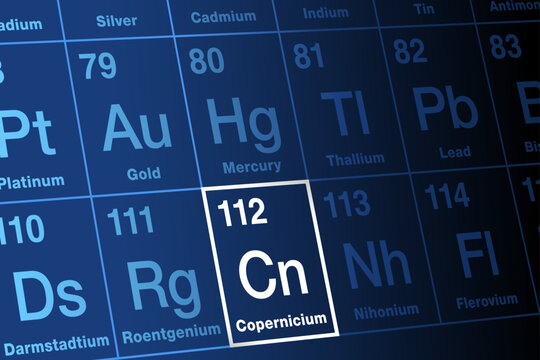Copernicium on periodic table of the elements. Extremely radioactive, superheavy, synthetic transactinide element. Element symbol Cn and atomic number 112. Named after astronomer Nicolaus Copernicus.