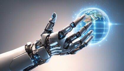 Abstract AI Robotic Hand Holding the World: Technology Concept