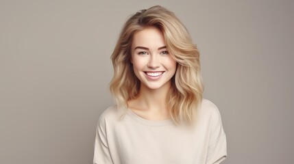 Obraz premium Beautiful young woman model poses in front of a white studio backdrop.