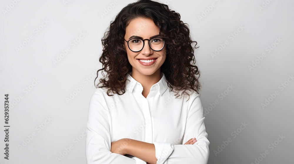 Canvas Prints Portrait of a businesswoman with her arms crossed in front of the camera, isolated on a white background