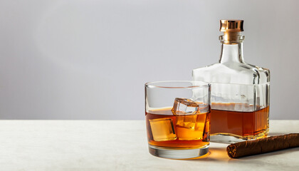 A bottle and a glass of whiskey with ice and a steaming Cuban cigar on a table against a light background. Men's club banner idea. Copy space for text
