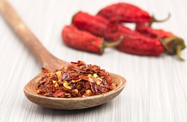 Red pepper flakes on wooden spoon.