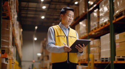 Warehouse workers record inventory using a computerised tablet. Logistics personnel using warehouse management software