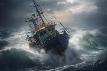 In the Eye of the Storm: A Thrilling Generative AI Illustration of a Fishing Vessel Sailing Rough Seas