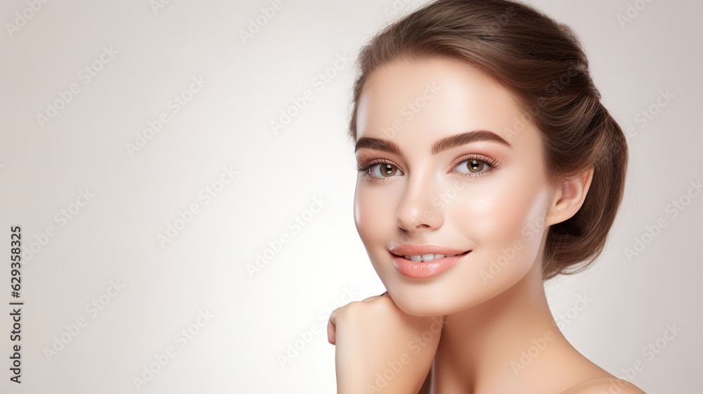 Poster beautiful woman with glowing skin and skincare