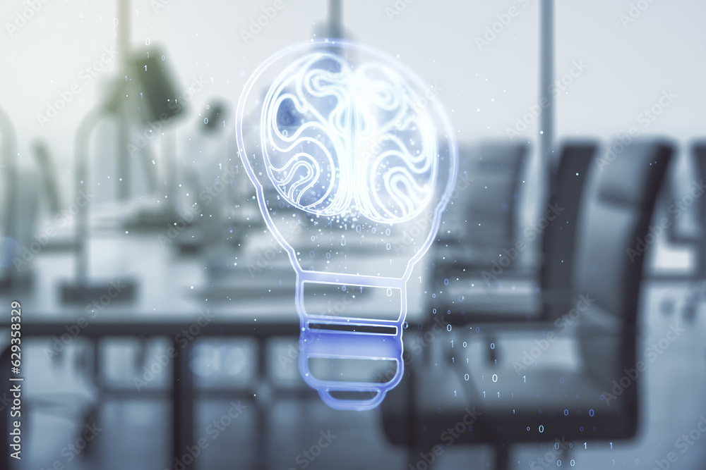 Poster Abstract virtual idea concept with light bulb and human brain illustration on a modern furnished office background. Neural networks and machine learning concept. Multiexposure