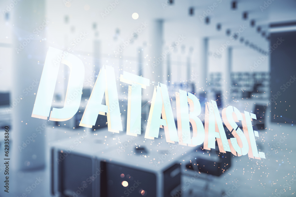 Poster double exposure of database word sign on a modern furnished office background, global research and a