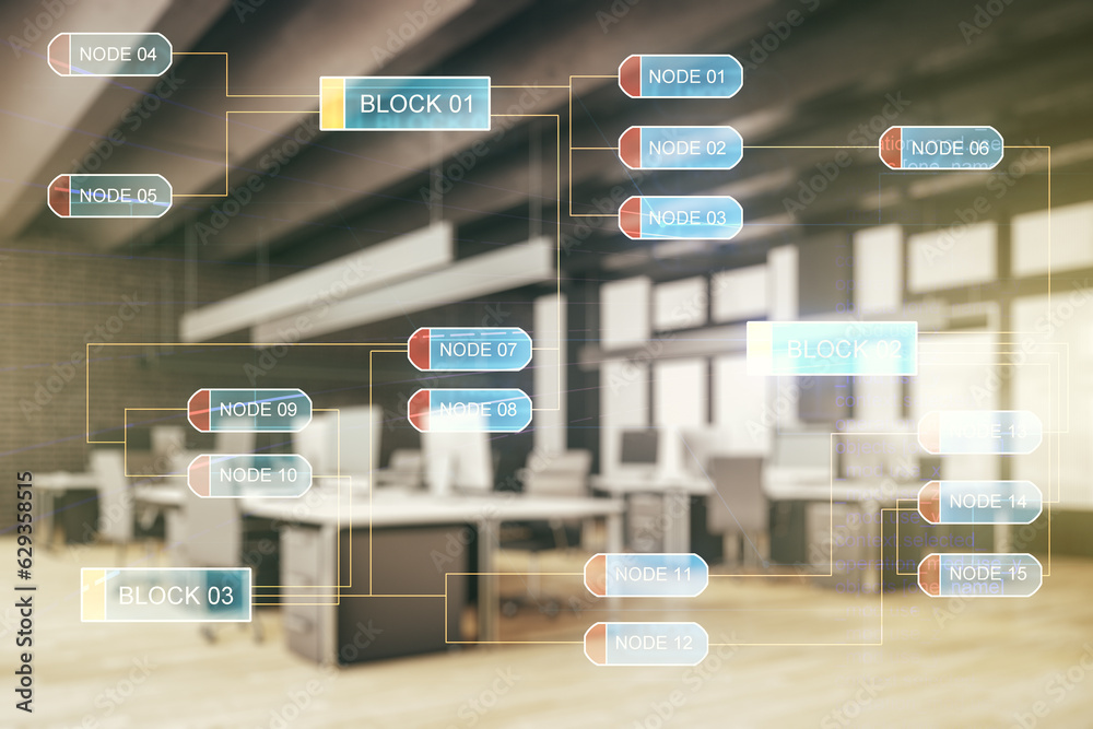 Aufkleber multi exposure of abstract programming language hologram on a modern furnished office interior backg